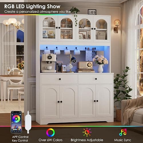 HIFIT 71" LED Kitchen Pantry Cabinet with Power Outlet, Large Kitchen Hutch Storage Cabinet with Arched Door & Shelves & 2 Drawers, Tall Modern Coffee Bar with Hutch for Home Dining Living Room, White thumbnail 4
