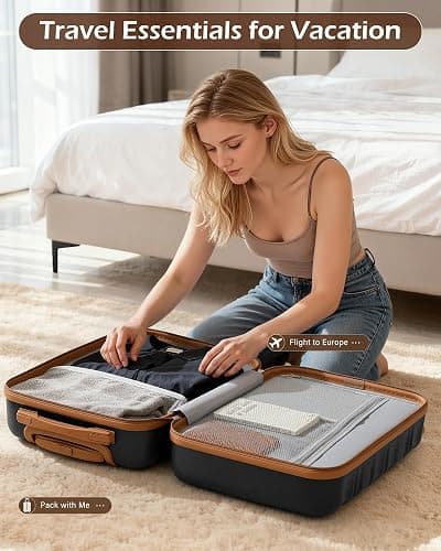 LONG VACATION 6 Piece Luggage Set Carry on Suitcase with ABS+PC hardshell, Spinner Wheels & YKK Zipper TSA Lock (BLACK-BROWN, 6 piece set) thumbnail 6