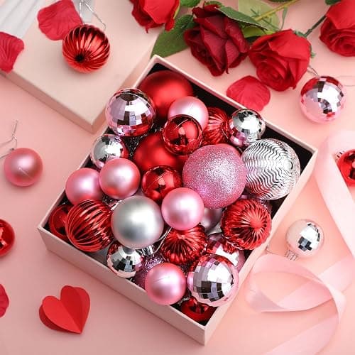 Lunmon 64 Pcs Valentine's Day Ball Ornaments Glitter Pink Red and Silver Ornaments 1.6/1.97/2.4 Inch Assorted Size Balls Valentines Decorations for Tree Home Indoor Wreath Mantel Stairs Decor thumbnail 6