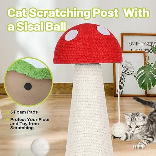 Mushroom Cat Scratching Post Cat Tree, Cute Cat Scratcher Tower with Interactive Ball Two-Layer Track Spring Ball Toys, Mushroom Scratch Post Cat Sisal Scratcher with Catnip for Indoor Cats thumbnail 6