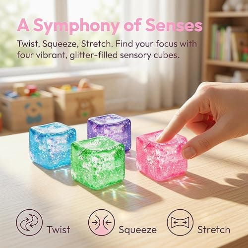 4 Pack Glitter Ice Cube Squishy Fidget Toys, Squishy Cube Stress Balls for Adults & Kids, Slow Rising Stress Relief Toys, Squeeze Ball Filled with Thick Substance and Glitter thumbnail 3