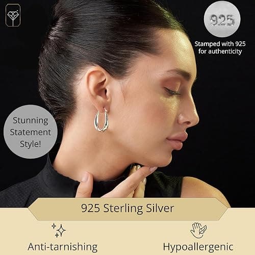 925 Sterling Silver Hypoallergenic Chunky Hoop Earrings for Women | Anti Tarnish Hoops in Various Styles by MAX + STONE thumbnail 2