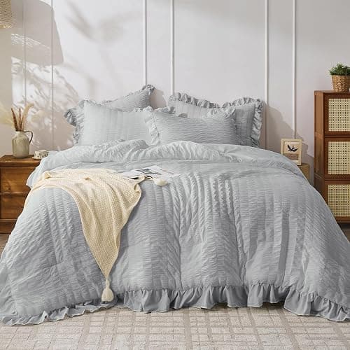 JOLLYVOGUE Light Grey Comforter Full Size, 3 Pieces Seersucker Lightweight Full Size Bedding, All Season Fluffy Microfiber Bedding Comforter Set with 1 Ruffle Comforter and 2 Ruffle Pillowshams - Image 1