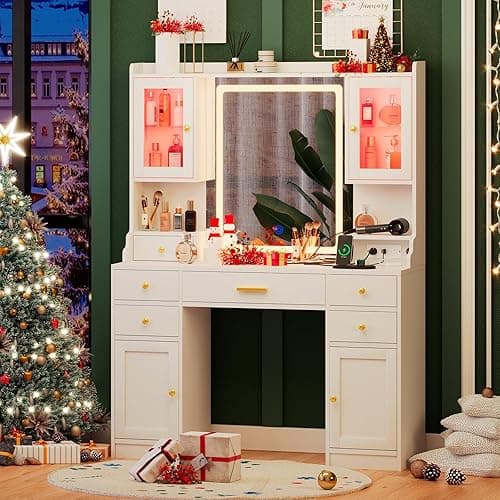 White Makeup Vanity Desk with Mirror and Lights, Large Vanity Table Set with Charging Station, Dressing Table with RGB Cabinets, Makeup Vanity Mirror with Light Desk and Drawers, 3 LED Lights Modes thumbnail 9