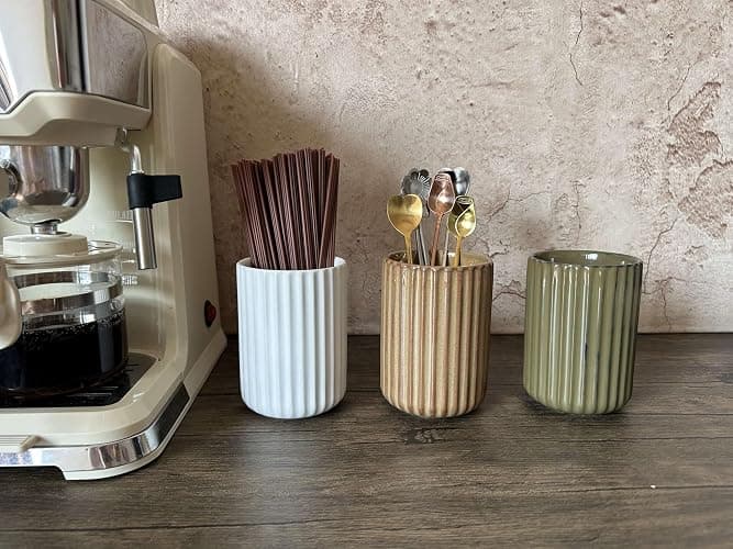 TOPYOKK Stoneware Coffee Bar Utensil Holder Tea & Coffee Spoon & Stirrer Holder for Stir Stick Straw Teaspoon Holder Spoon Cup Small Utensil Jar Fluted Vertical Stripe (Rustic Brown) thumbnail 2