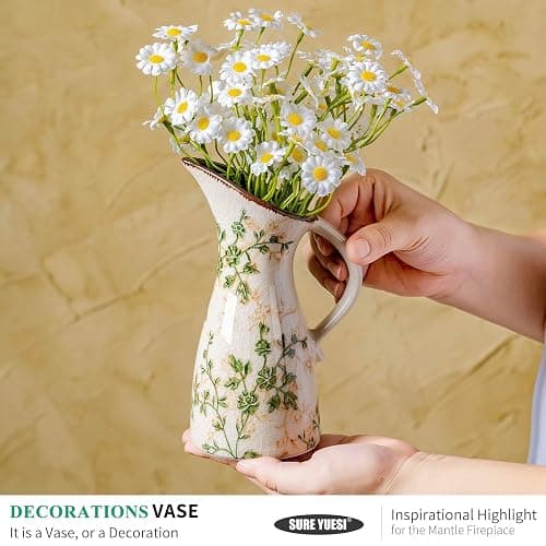 SURE YUESI Set of 2 Vases, Green and Beige Pastoral Vintage Vase Set for Flowers, Rustic Farmhouse Decorative Vases for Home Decor, Chinoiserie Floral Vase, Living Room Table Centerpiece thumbnail 4