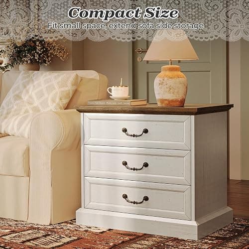 Huuger Nightstand with Charging Station, 3 Drawer Night Stand, 22 Inch Wider Side Table with Storage, Farmhouse Nightstand with Vintage Handles, Thicken Base, for Bedroom, Distressed White thumbnail 9