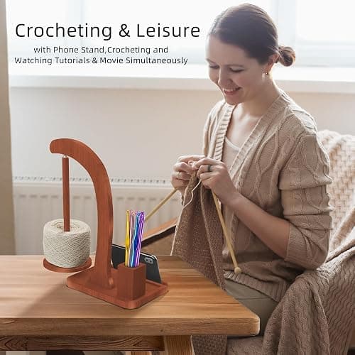Upgraded Yarn Holder for Crocheting,Wooden Crochet Yarn Holder Magnetic Rotation Yarn Spinner with Crochet Accessories Storage and Phone Stand,Yarn Ball Holder Crochet Gift for Knitting Lovers thumbnail 5