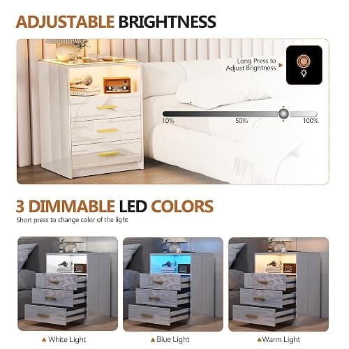 JDPAG High Gloss LED Nightstand with Charging Station & 3 Color Dimmable Light Modern for Bedroom White, Smart Bedside Table with 3 Drawers & USB Type-C Port for Home thumbnail 5