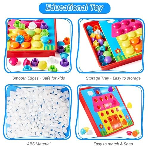 Geekper 68PCS Button Art Toys for Toddlers Color Matching Mosaic Pegboard, Early Learning Educational Toys for 3, 4, 5, 6 Year Old Kids Boys and Girls Easter Gifts, 10 Pictures and 58 Buttons thumbnail 4