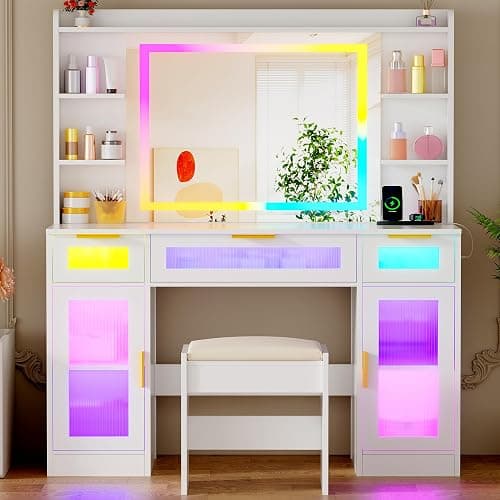 ANWBROAD Large Vanity Desk with Mirror and Lights White Makeup Desk Set with Power Outlet and Remote RGB Vanity with 3 Drawers 2 Cabinets and Stool Vanity Table for Girls Women Bedroom UBDT85W thumbnail 8