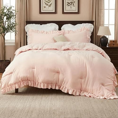 CAROMIO Pink Ruffled Comforter Set Queen Size, 3PCS Soft Washed Microfiber Lightweight & Fluffy All-Season Bedding Comforter with Vintage French Country Style, Pink, 90x90 in thumbnail 2
