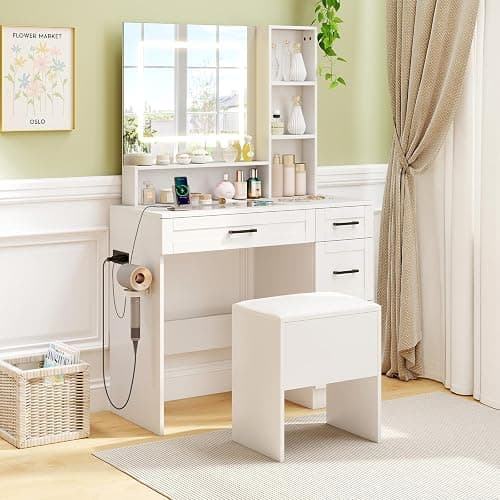 CHARMAID Vanity Stool with Hidden Storage, Cushioned Vanity Bench, Backless Makeup Stool with Soft Seat, Small Storage Footrest for Bedroom, Closet, Entryway, White thumbnail 4