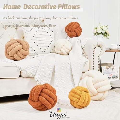 Uvvyui Knot Pillow Ball, Soft Home Decorative Round Throw Pillow, Handmade Knotted Plush Pillow, Round Boucle Pillow Cushion (8.6 Inches Ivory) thumbnail 5