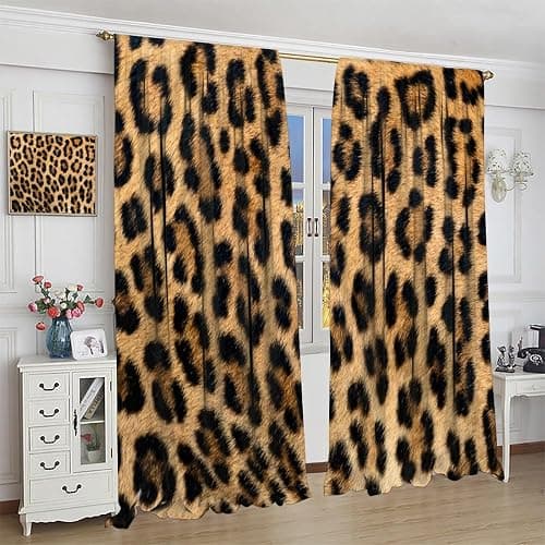 Leopard Print Curtains Retro Fur Skin Brown Farm 3D Leopard Print Ｗild Animal Fur Skin Window Treatments for Kids Living Room Bedroom Home Decor Window Drapes 42" W X 45" L thumbnail 4