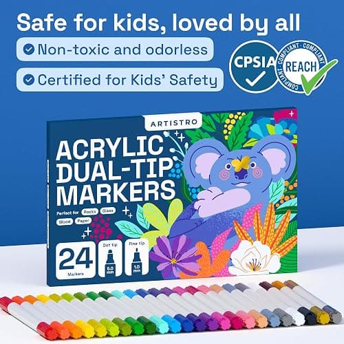 ARTISTRO 24 Acrylic Paint Markers for Rock, Fabric, Wood, Glass, Decoration - Dual-Tip Paint Pens for Coloring Books for Adults, Teens, Kids - Art and Craft Supplies Kit - Gift Idea thumbnail 7