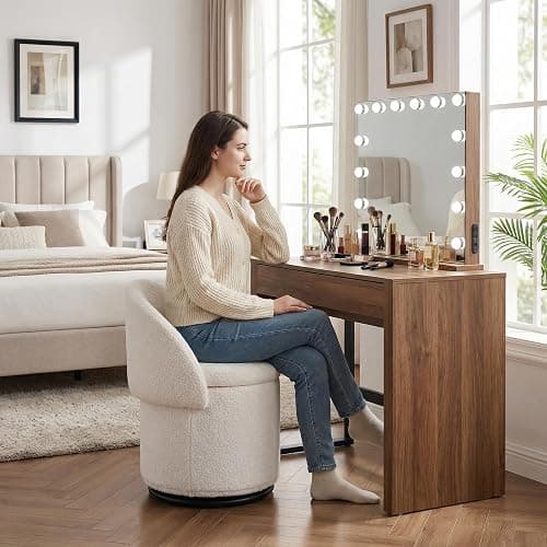 LukeAlon Sherpa Makeup Ottoman with Storage, Upholstered 360° Swivel Vanity Stool with Foldable Backrest Modern Cylindrical Footrest Stool for Living Room Bedroom, White thumbnail 3