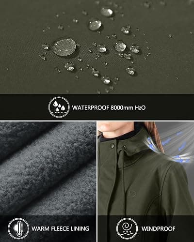 Outdoor Ventures Women's Lightweight Waterproof Fleece Lined Hooded Softshell Rain Jacket, Warm Windbreaker Long Coat thumbnail 4