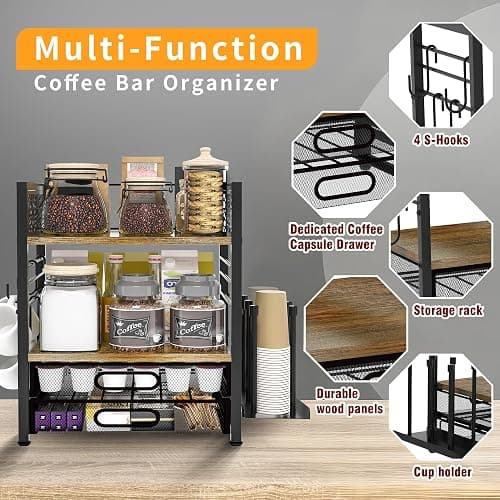 VIPLEEO Coffee Bar Organizer - 4 Tier Coffee Station Organizer for Countertop, Coffee Bar Storage with 4 Hooks, with K Cup Storage Drawer and Cup Holder, Multifunctional Shelf for Accessories Kitchen thumbnail 5