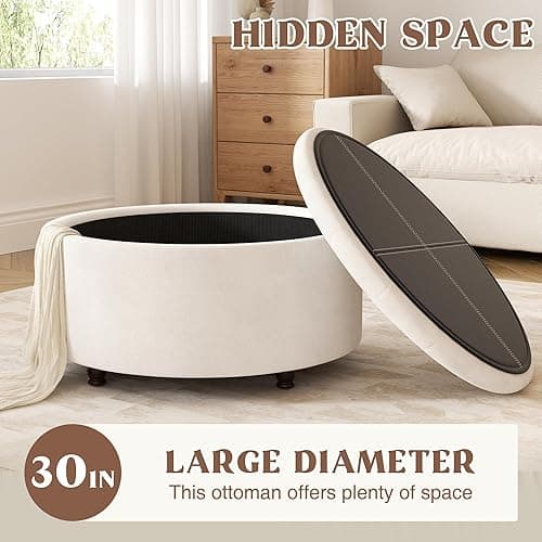 YUUIJOAA 30 Inch Round Storage Ottoman,Modern Tufted Ottomans,Circular Coffee Table with Removable Top,Upholstered Large Ottoman with Storage Footrest Stool for Bedroom Living Room (White) - White thumbnail 3