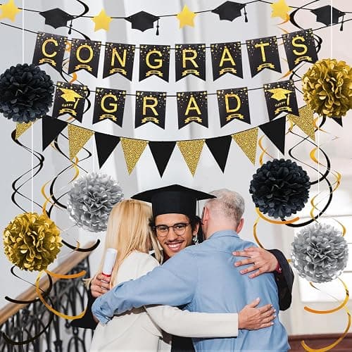 Graduation Decorations for 2026, Congrats Grad Banner and Star Cap Garland, Pennant Banner, Black and Gold Tissue Paper Pompoms, Hanging Swirls, for Graduation Party Decorations thumbnail 4