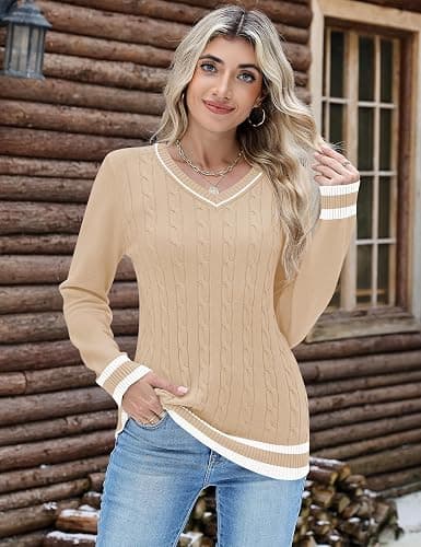 Kistore Jumpers for Women UK Long Sleeve Tops V Neck Cable Knit Pullover Sweater Lightweight Tunic Shirt thumbnail 2