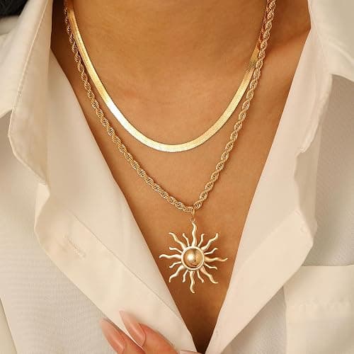 Yepelesi Sun Necklace for Women 14K Gold Silver Plated Layered Charm Necklace Double Chain Charm Pendant Necklaces Trendy Daily Wear Statement Jewelry Gift thumbnail 2