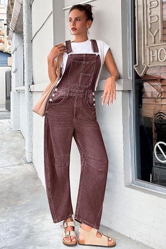 PLNOTME Womens Denim Bib Overalls Barrel Leg Adjustable Strap Jean Jumpsuit | 90s Outfits,Baggy Jumpers,Loose Overalls with Pockets thumbnail 5