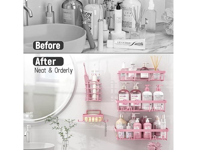 Liuoud 5 Pack Shower Caddy Organizer Rack Shelf for Inside Shower, Adhesive Bathroom Wall Storage Basket Rustproof Stainless Steel Shampoo Holder, Girly Bathroom Accessory Decor Set, Pink thumbnail 6