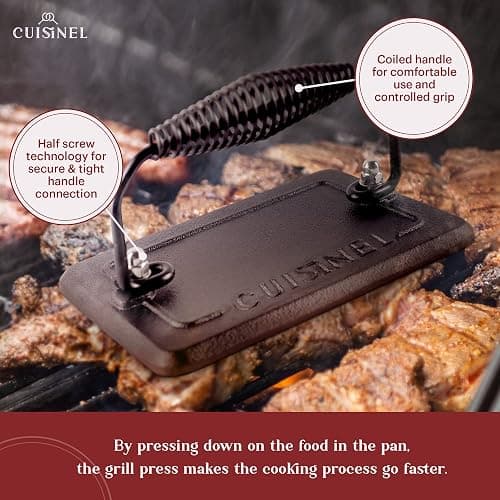 Cuisinel Cast Iron Grill Pan + Rectangular Cast Iron Grill Press + Tempered Glass Lid + Pan Scraper – Pre-Seasoned Ribbed Skillet – 10.5"-Inch Square Grilling Indoor/Outdoor Camping Fire BBQ Cookware thumbnail 6
