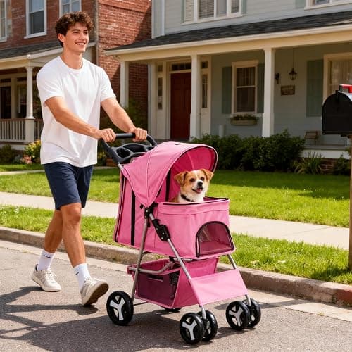 ZENY Foldable Pet Stroller, Cat/Dog Stroller with 4 Wheel, Pet Travel Carrier Strolling Cart with Storage Basket, Cup Holder (Pink) thumbnail 8