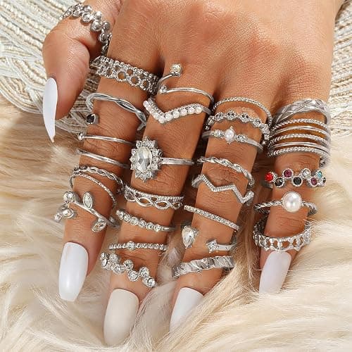 IFKM 36 PC Silver Plated Jewelry Set With 3 Necklace, 12 Bracelet, 7 Ear Cuffs Earring, 14 Knuckle Rings For Women Girls Valentine Anniversary Birthday Friendship Gift thumbnail 5