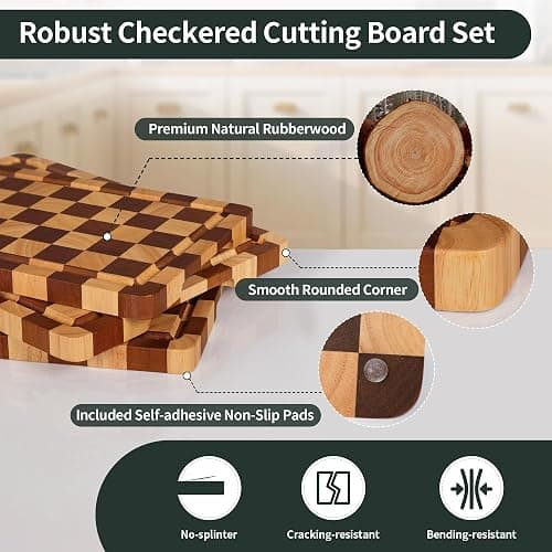 WILLKOMMEN Checkered Cutting Board Set, 3-Piece Wood Checkerboard End Grain Chopping Boards with Holder & Juice Groove Wooden Kitchen Cutting Board for Cooking and Serving (S, M, L) thumbnail 2