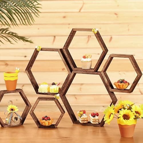 Gerrii 10 Pcs Honey Comb Decorations 5 Sizes Wood Hexagon Shelves Honeycomb Centerpiece Cupcake Stand Wooden Bee Hive Display Holder for Baby Shower Honeybee DIY Birthday Party Decor (Dark Brown) thumbnail 2