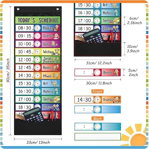 Chinco Daily Schedule Pocket Chart School Class Schedule Kit 13+1 Pocket Chart, 2 Hook, Title Card, 30 Double-Sided Blank Erasable Card for Classroom School or Home(Black) thumbnail 4