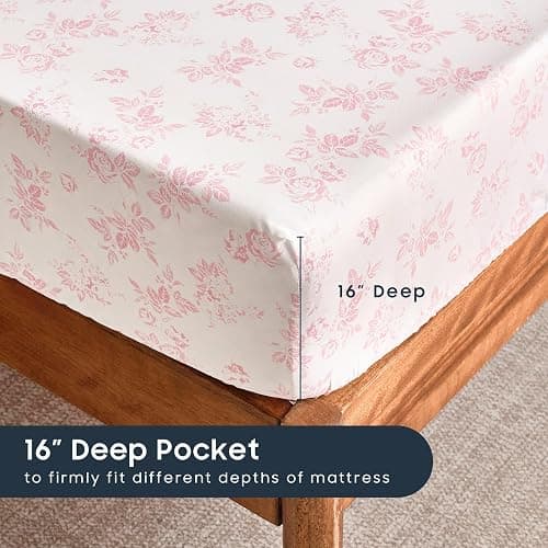 Wake In Cloud - Floral Bed Sheets, 4-Piece Sheet Set, Shabby Chic Botanical Coquette Cottagecore Vintage Flower Pattern Printed Bedding, Deep Pocket, Pink, Queen Size thumbnail 4