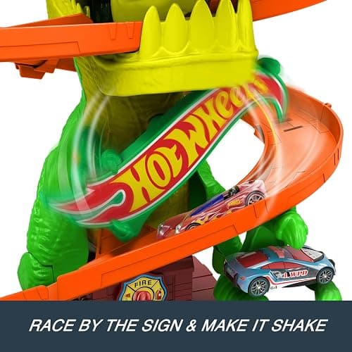 Hot Wheels Toy Car Track Set, City T-Rex Blaze Battle Playset & 1:64 Scale Die-Cast Vehicle, 18” Tall, Multiple Race Outcomes, Spinning Dinosaur Eyes thumbnail 5