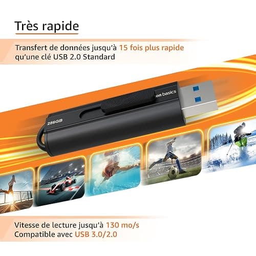 Amazon Basics 256 GB Clé USB 3.1, vitesse de lecture maximale de 130 Mo/s, Noir thumbnail 3