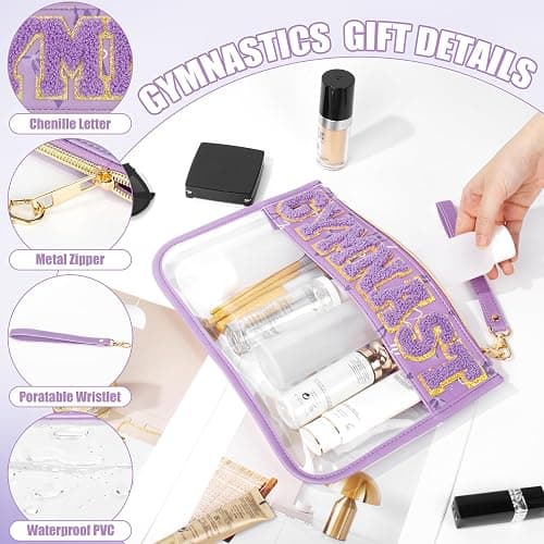 BuyCard Gymnastics Gifts Cosmetic Makeup Bag with Chenille Letter Patch, Clear Pouch PVC Organizer Purse, Waterproof Travel Bag, Portable Toiletry Storage Bag for Her Girls Friends Women thumbnail 3