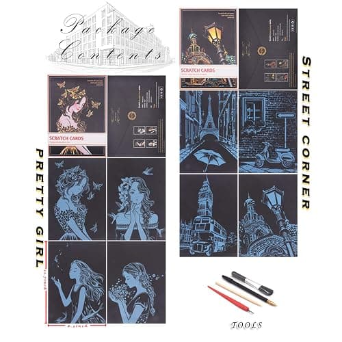 Rainbow Scratch Painting Paper By BOTEEN, City Series Night Scene,Scratch Painting Creative Gift,Scratchboard for Adult and Kids,with 4 Tools,Size:11.7''x8.3''（8pack） - Street corner&pretty girl thumbnail 2