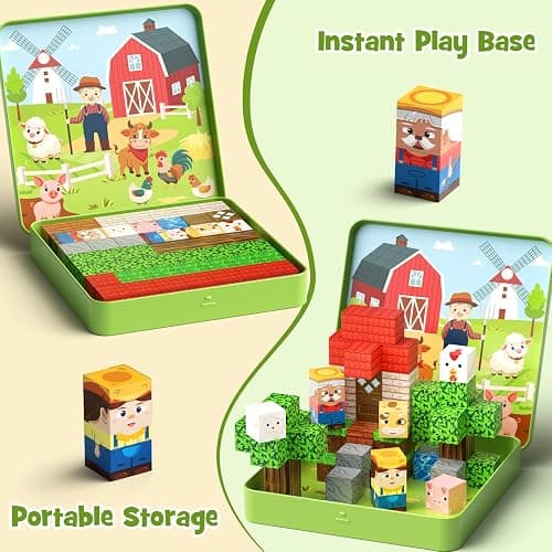 49 Pcs Farm Animals Magnetic Building Blocks Set for Toddlers 3-5, Travel Toys with Iron Storage Box, Magnetic Tiles & Cubes for Kids Ages 4-8, STEM Learning, Portable Play Base for Car Plane Trips thumbnail 3