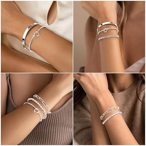 Gokeey Gold Bracelets Set for Women Non Tarnish, Waterproof 14K Gold Plated Sterling Silver Chunky Cuff Bracelet Stackable Gold Bangles Bracelet for Women Trendy Fashion Accessories Tie Knot Cuban Rope Paperclip Beaded Bracelet Stack Jewelry Mothers Day Gifts for Mom Birthday thumbnail 4