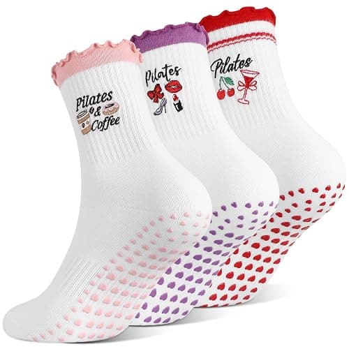scenicamp 3/6 Pairs Cute Pilates Socks for Women, Ruffle Frilly Yoga Socks Non Slip Cotton Crew Ballet Socks with Embroidery - Image 1