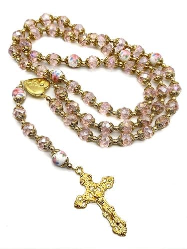 Nazareth Store Katholische Rosa Kristall Perlen Gold Rosenkranz Blumen Perlen Halskette Holy Mary Herz Medaillon Medaille & Kreuz Religiöses Amulett für Frauen thumbnail 7