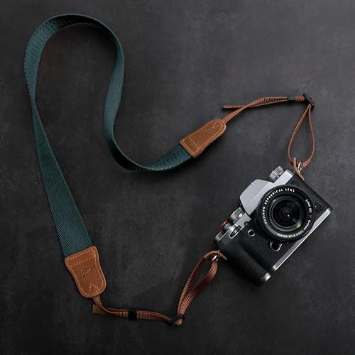 Padwa Lifestyle Dark Blue Green Camera Strap -Double Layer Crazy Horse Cowhide End,1.5" Wide Pure Cotton Woven Camera Straps,Adjustable Neck Shoulder Strap for All DSLR Cameras,Gift for Photographers thumbnail 5