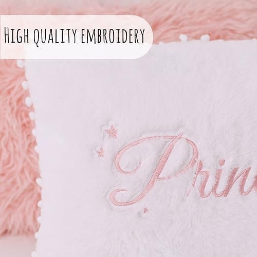 Perfectto Design Set of 2 Decorative Pillows for Toddler Kids Room. White Fluffy Princess Embroidered and Furry Pink Faux Fur Pillow. Soft and Plush Throw Pillows for Kid’s Bedroom Décor thumbnail 4