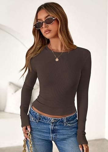 PRETTYGARDEN Women 2025 Fall Clothes Long Sleeve Shirts Ribbed Knit Fitted Basic Tee Going Out Tops Underscrub Casual Outfits thumbnail 8
