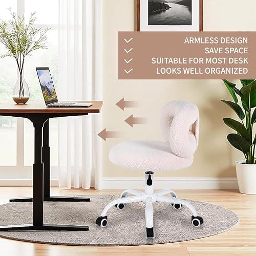 Ermnois Modern Faux Cashmere Home Office Chair, Height Adjustable Desk Chair with Back and Wheels for Living Room, Swivel Make-up Vanity Armless Chairs for Girls and Women (1, Cream) thumbnail 4