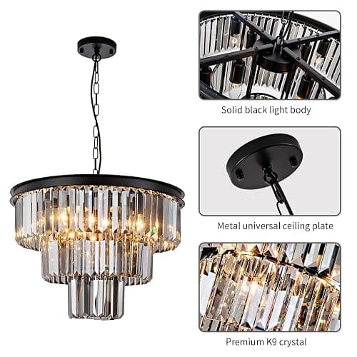 HCCZ 8 Light Black Crystal Chandelier 20'' Luxury Smoke Modern Dining Room Light Fixture 3-Tier Round Hanging Pendant Ceiling Lighting for Entryway Foyer Living Room Adjustable Height E12 thumbnail 7