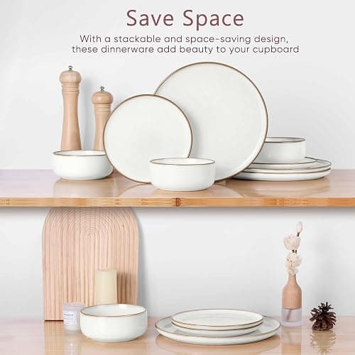 Herogo Plates and Bowls Set for 4, 12 Pieces Stoneware Dinnerware Sets, Double Reactive Glaze, Microwave & Dishwasher Safe, Scratch Resistant, Ivory White thumbnail 4